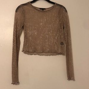 Champagne Tan Mesh Sparkle Glitter Long Sleeve Top